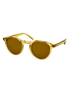 Lunette de soleil ronde Le Specs Galvant couleur miel cristal translucide avec verres marron.