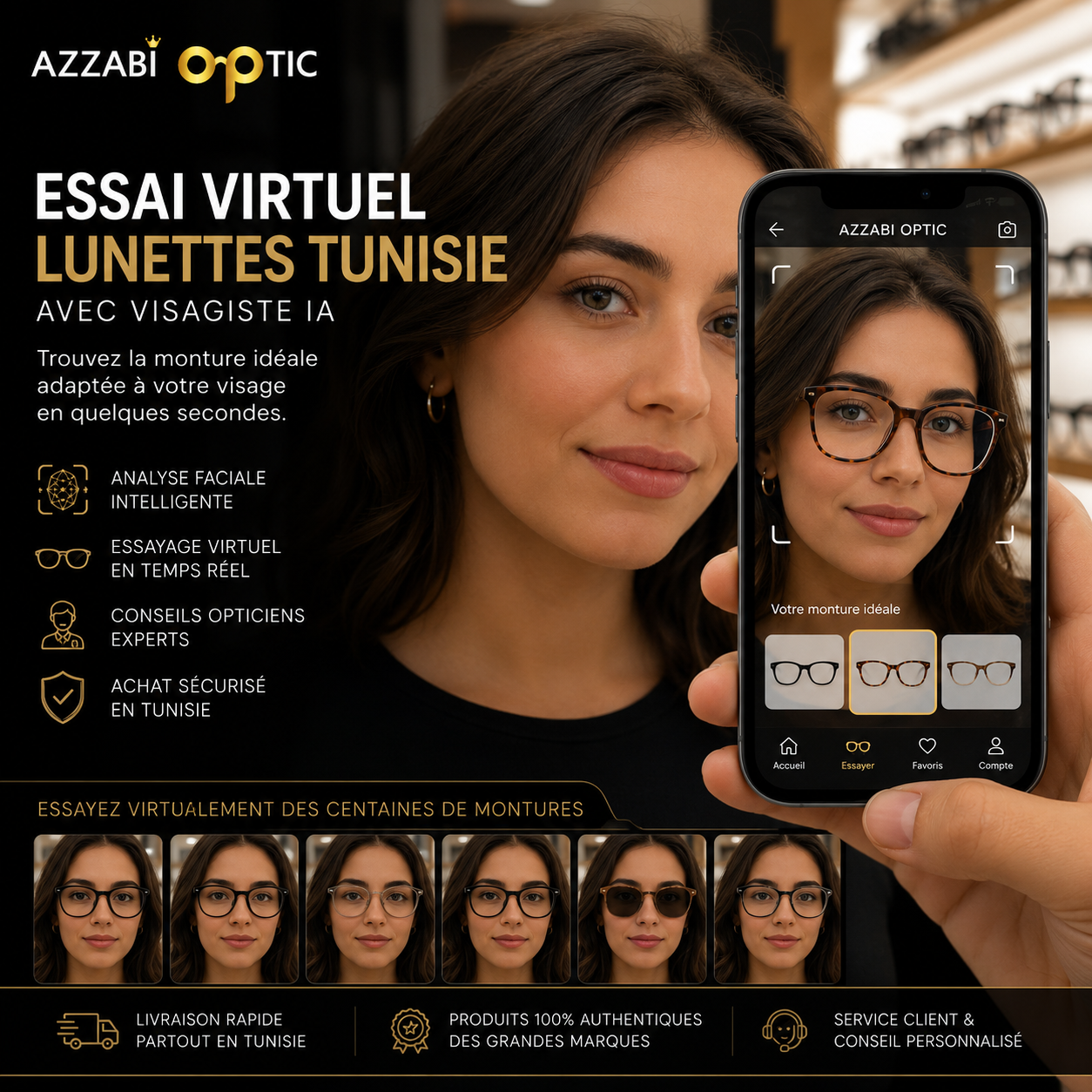 Essai virtuel lunettes Tunisie avec visagiste IA AZZABI OPTIC permettant d'essayer des lunettes de vue et lunettes de soleil selon la forme du visage