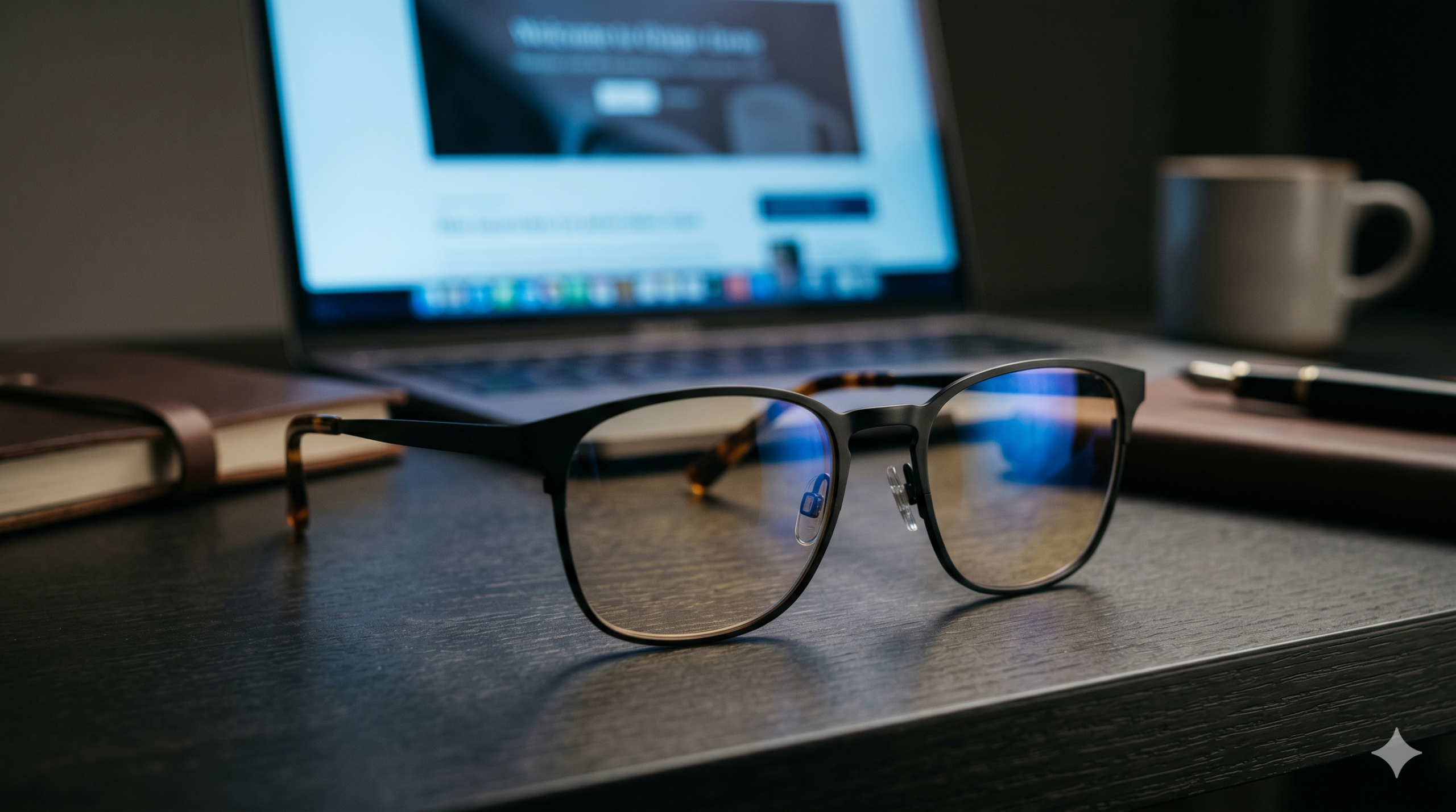 Gros plan de lunettes de vue posées sur un bureau sombre. Les verres reflètent la lumière d'un ordinateur portable flou en arrière-plan, révélant un traitement optique avec un reflet bleuté sur les bords et une teinte ambrée protectrice au centre.