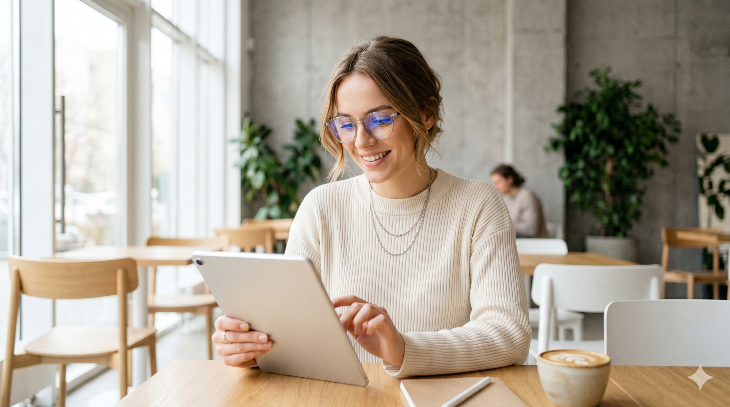 Jeune femme portant des lunettes anti lumière bleue devant une tablette dans un café