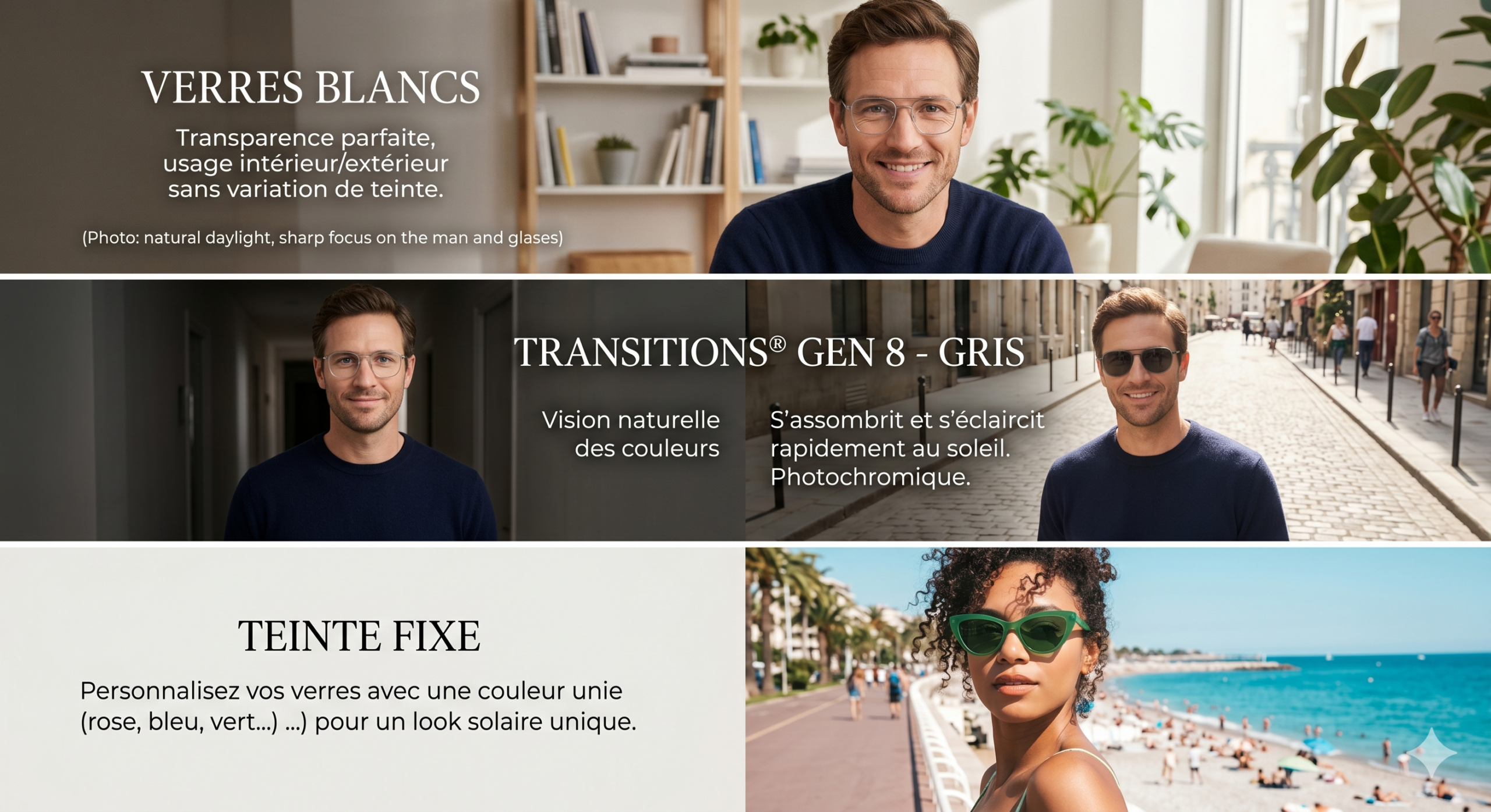 Comparaison des teintes de verres : blancs, photochromiques et solaires - AZZABI OPTIC