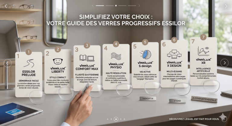Crucial pour le SEO et les lecteurs d'écran (malvoyants). Doit décrire l'image tout en plaçant les mots-clés de façon naturelle (idéalement autour de 125 caractères). Présentation sur un comptoir d'opticien de la gamme de verres progressifs Essilor, allant du modèle Prelude au Varilux XR Series, pour guider le choix du client.