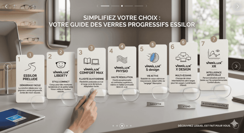 Crucial pour le SEO et les lecteurs d'écran (malvoyants). Doit décrire l'image tout en plaçant les mots-clés de façon naturelle (idéalement autour de 125 caractères). Présentation sur un comptoir d'opticien de la gamme de verres progressifs Essilor, allant du modèle Prelude au Varilux XR Series, pour guider le choix du client.