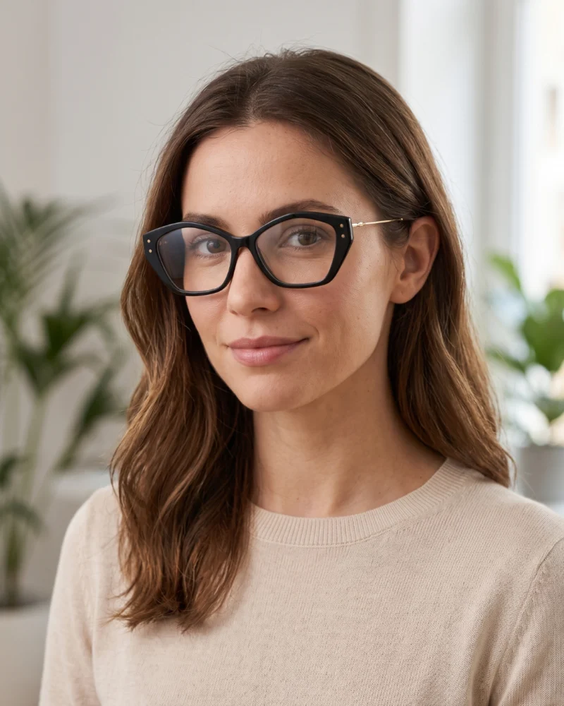 Portrait d'une jeune femme brune souriante portant les lunettes de vue Dior à monture noire et branches dorées