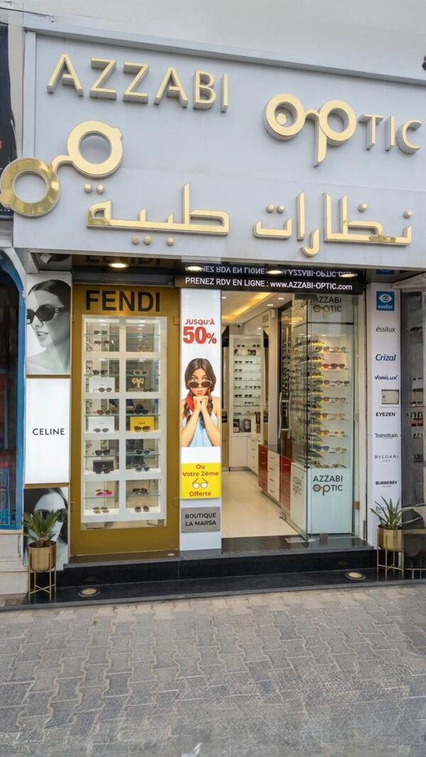 Façade de la boutique AZZABI OPTIC, opticien à La Marsa, 13 avenue Taieb Mhiri
