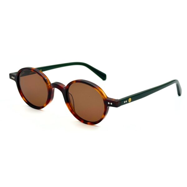 Lunettes de soleil rondes JOW and BRO DJ9143 en acétate écaille marron avec branches vert forêt et verres bruns.