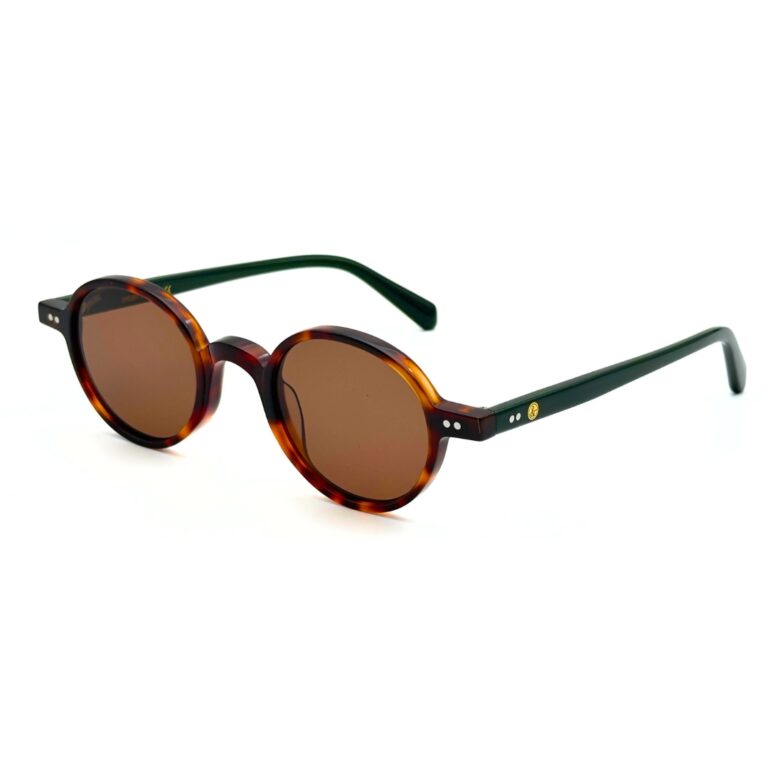 Lunettes de soleil rondes JOW and BRO DJ9143 en acétate écaille marron avec branches vert forêt et verres bruns.