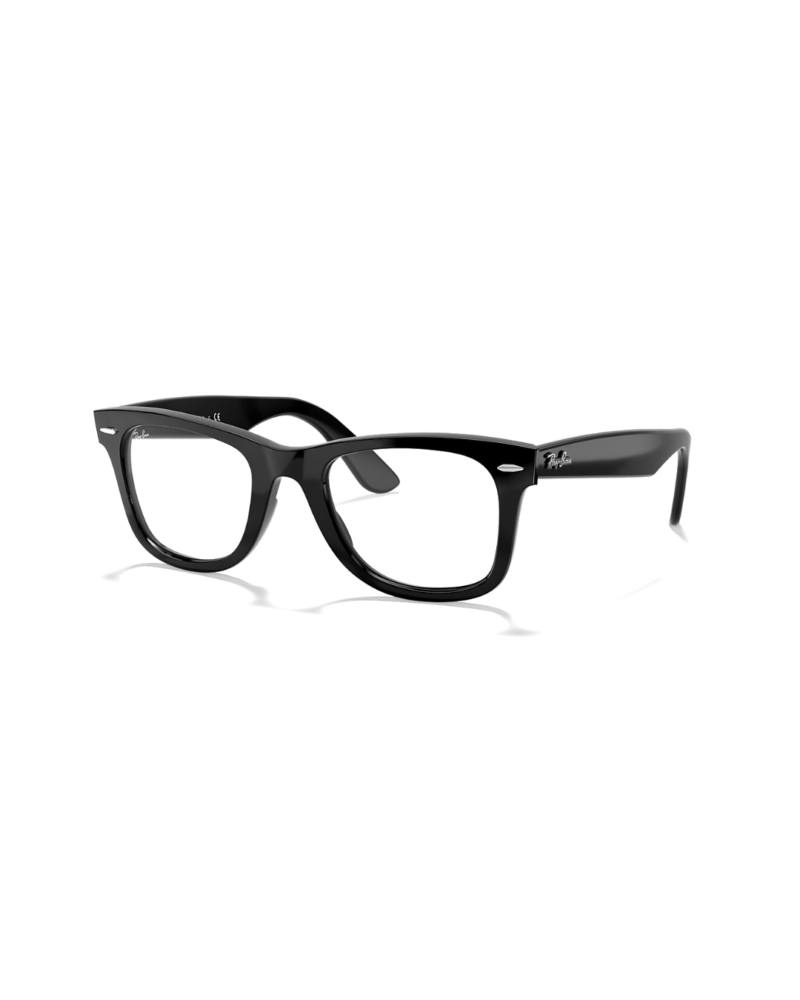 Monture optique de vue Ray-Ban Wayfarer Ease RB4340V 2000 noire brillante en acétate, présentée sous un angle de trois-quarts.