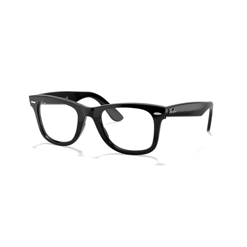 Monture optique de vue Ray-Ban Wayfarer Ease RB4340V 2000 noire brillante en acétate, présentée sous un angle de trois-quarts.
