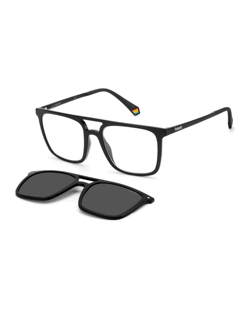 Lunettes optiques carrées noires Polaroid PLD6166CS avec leur clip-on solaire polarisé magnétique détaché au premier plan.