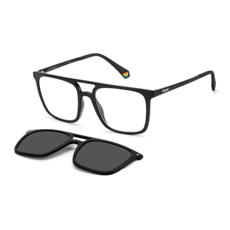 Lunettes optiques carrées noires Polaroid PLD6166CS avec leur clip-on solaire polarisé magnétique détaché au premier plan.