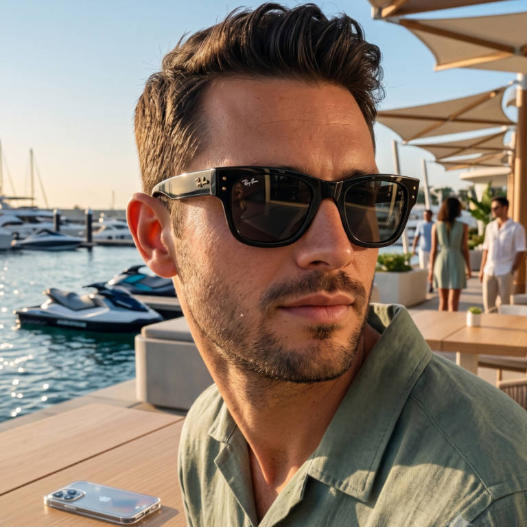 Portrait rapproché d'un homme portant les lunettes épaisses Ray-Ban Mega Wayfarer dans une marina.
