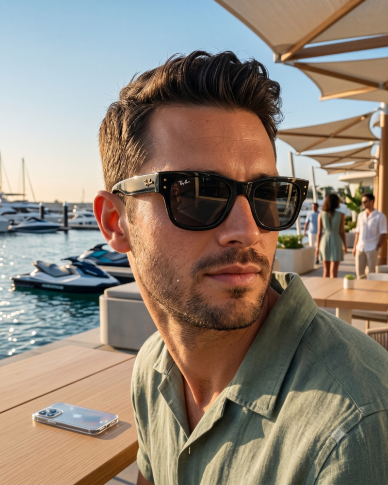 Portrait rapproché d'un homme portant les lunettes épaisses Ray-Ban Mega Wayfarer dans une marina.