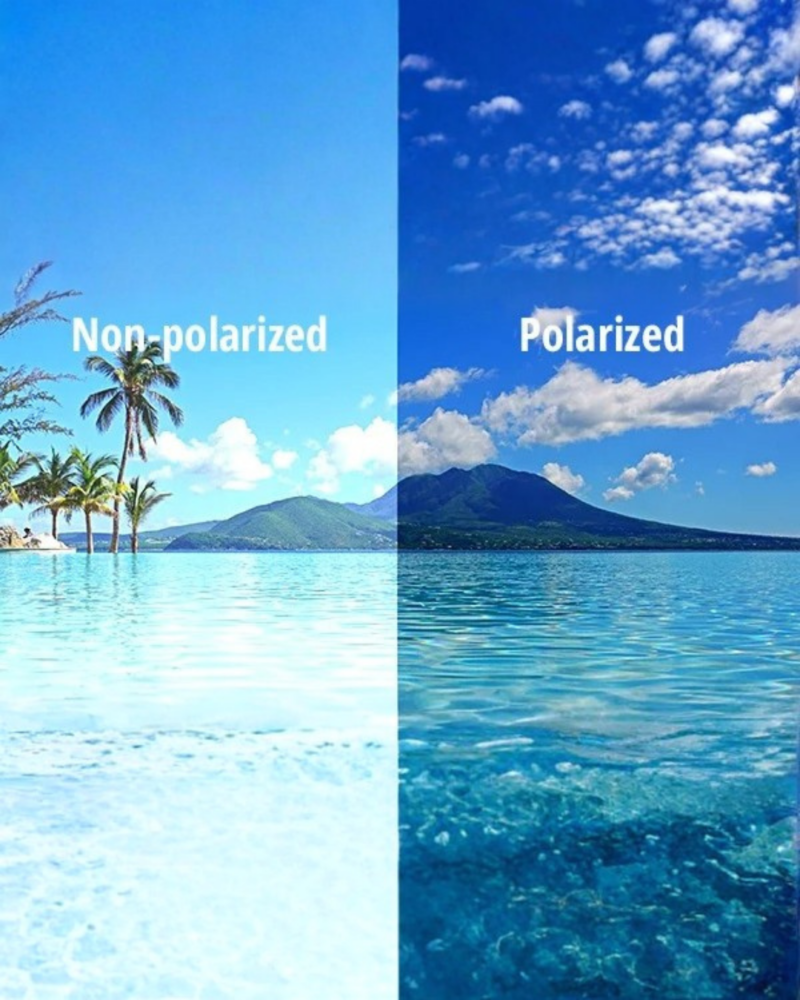 Schéma comparatif montrant l'efficacité des verres polarisés Vogue P contre les reflets éblouissants sur l'eau et la route