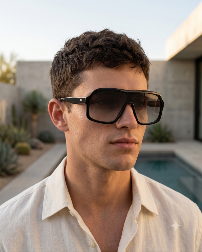 Lunettes de soleil oversized GIGI STUDIOS NAELLE GS1067/11 en acétate noir brillant et verres dégradés gris antireflet.