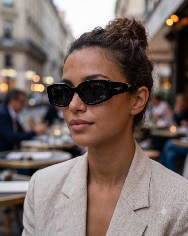 Femme portant les lunettes de soleil rectangulaires noir brillant Vogue VG5642SU W44/81 en terrasse de café avec un blazer