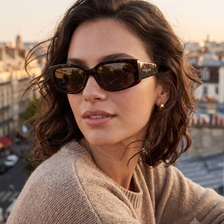 Modèle femme portant les lunettes de soleil écaille marron Vogue VG5642SU avec un pull en maille beige au soleil couchant