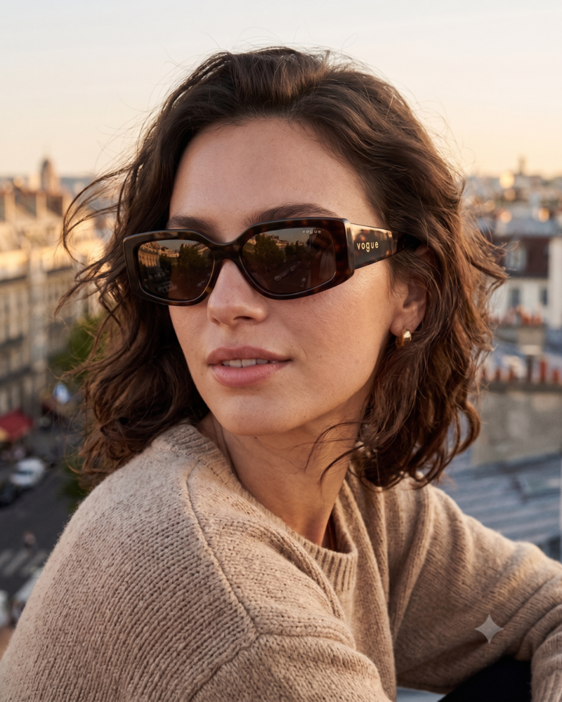 Modèle femme portant les lunettes de soleil écaille marron Vogue VG5642SU avec un pull en maille beige au soleil couchant