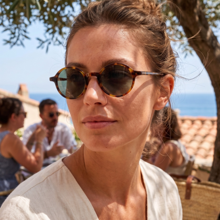 Femme portant les lunettes de soleil rondes écaille de tortue Gigi Studios Greta face à la mer dans un paysage méditerranéen ensoleillé.