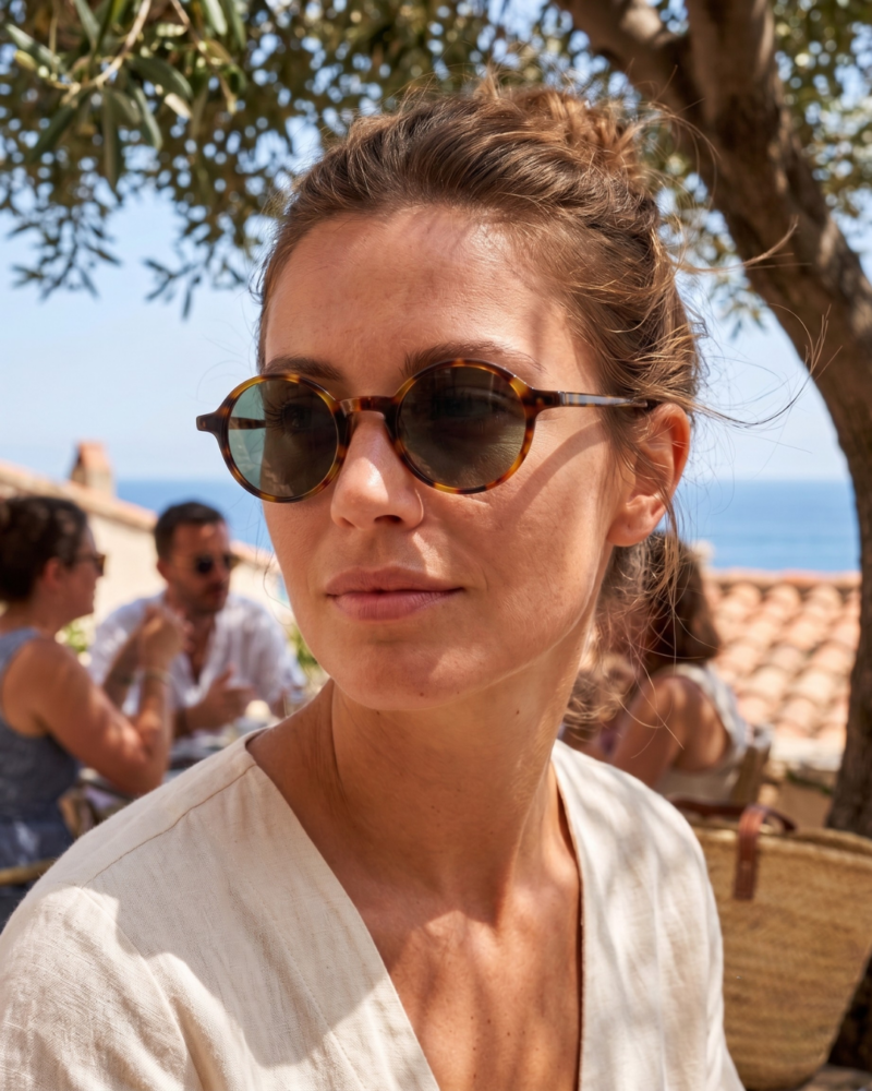 Femme portant les lunettes de soleil rondes écaille de tortue Gigi Studios Greta face à la mer dans un paysage méditerranéen ensoleillé.