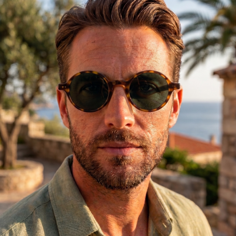 homme portant les lunettes de soleil rondes écaille de tortue Gigi Studios Greta face à la mer dans un paysage méditerranéen ensoleillé.