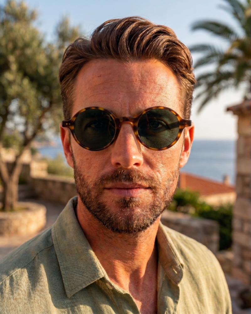 homme portant les lunettes de soleil rondes écaille de tortue Gigi Studios Greta face à la mer dans un paysage méditerranéen ensoleillé.