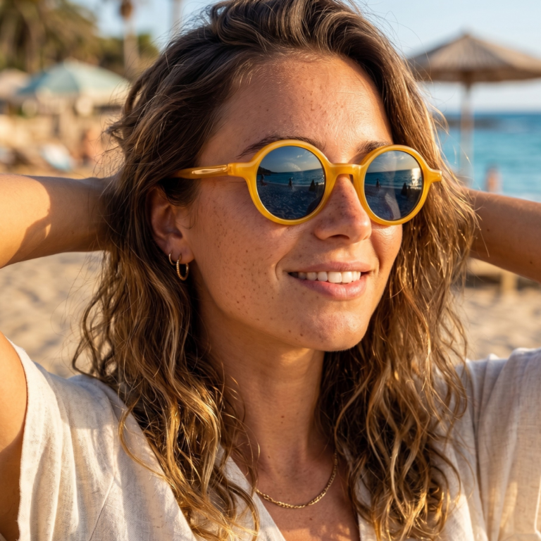 Femme portant les lunettes de soleil rondes écaille de tortue Gigi Studios Greta face à la mer dans un paysage méditerranéen ensoleillé.