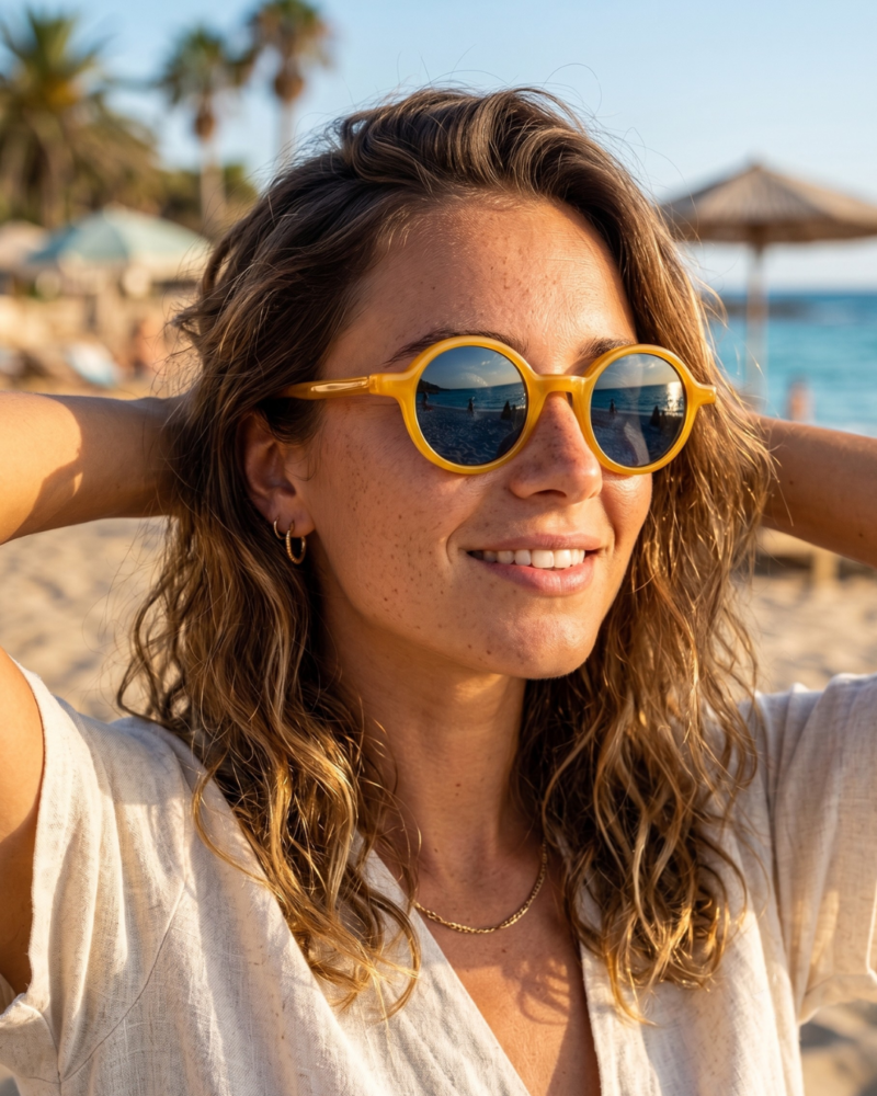 Femme portant les lunettes de soleil rondes écaille de tortue Gigi Studios Greta face à la mer dans un paysage méditerranéen ensoleillé.