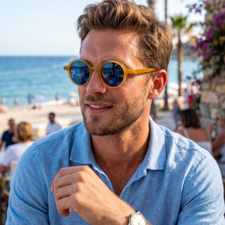 hommeportant les lunettes de soleil rondes écaille de tortue Gigi Studios Greta face à la mer dans un paysage méditerranéen ensoleillé.