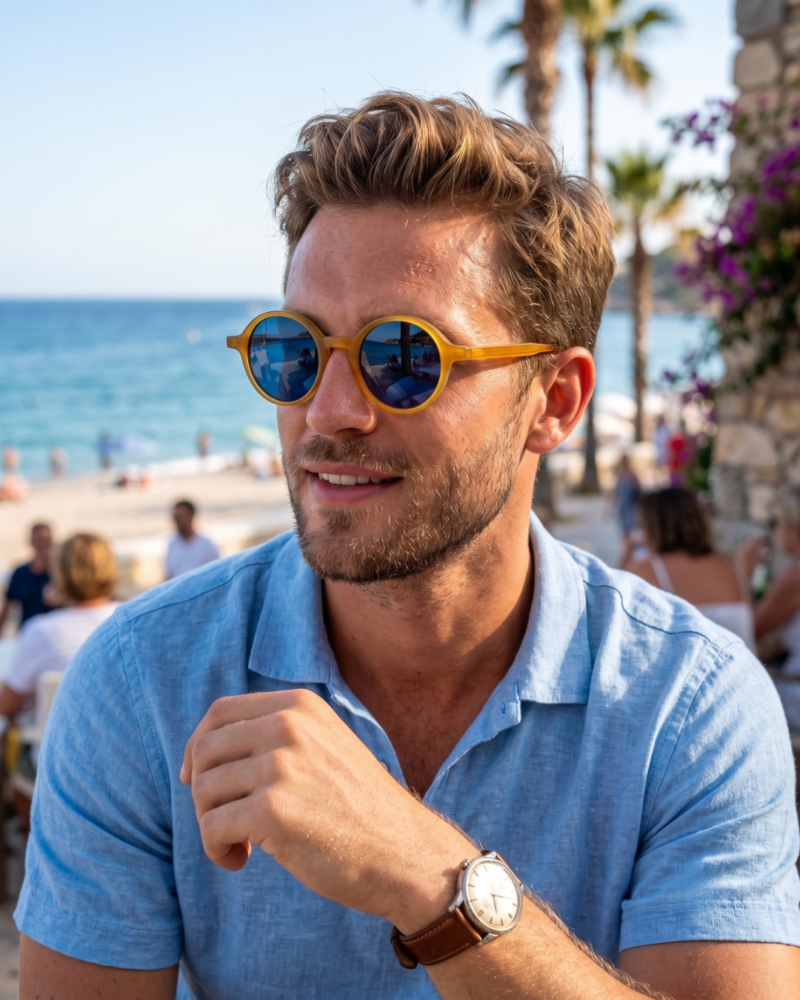 hommeportant les lunettes de soleil rondes écaille de tortue Gigi Studios Greta face à la mer dans un paysage méditerranéen ensoleillé.