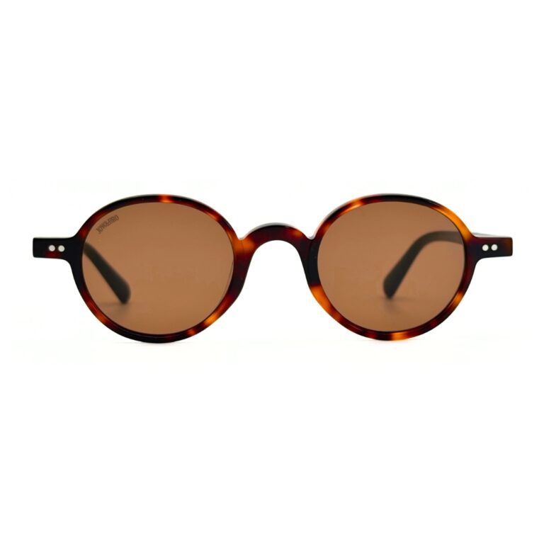 Lunettes de soleil rondes JOW and BRO DJ9143 en acétate écaille marron avec branches vert forêt et verres bruns.