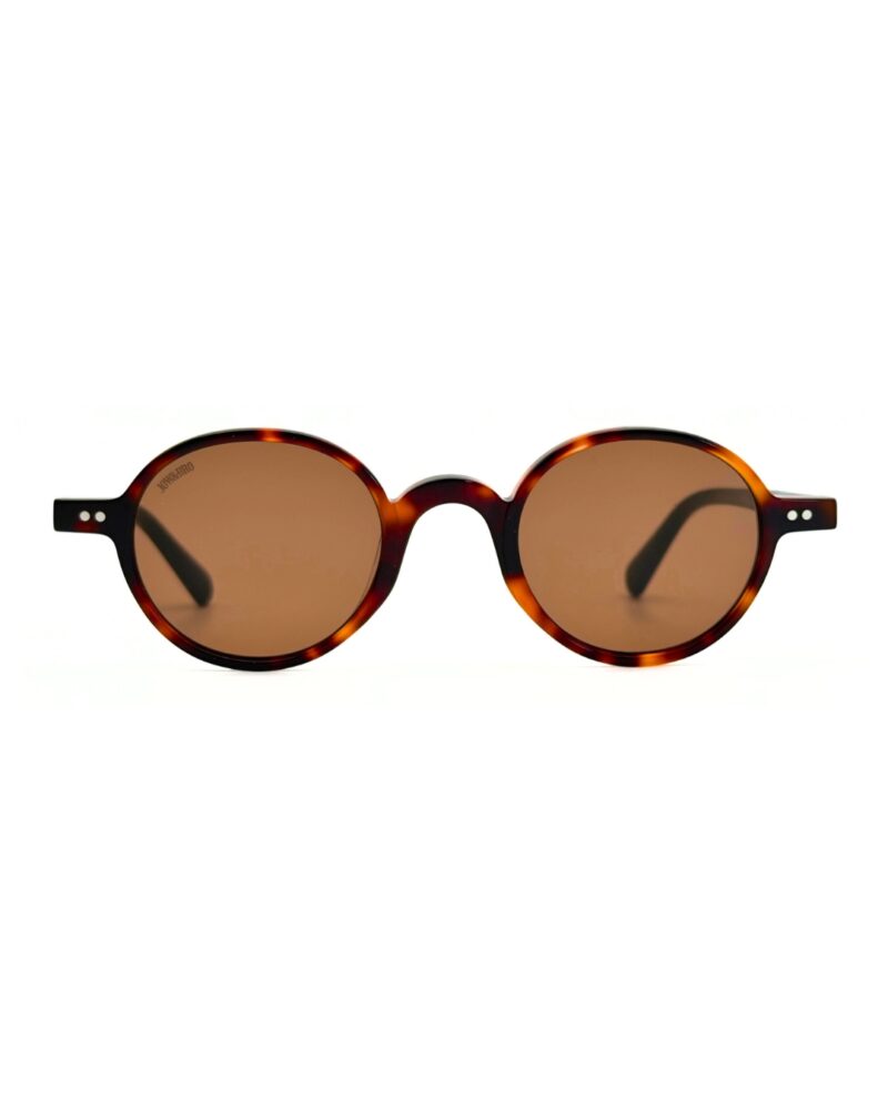 Lunettes de soleil rondes JOW and BRO DJ9143 en acétate écaille marron avec branches vert forêt et verres bruns.