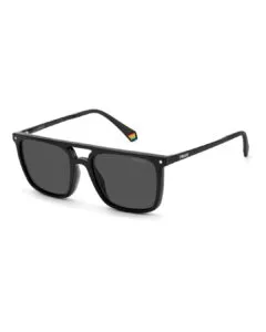 Lunettes optiques carrées noires Polaroid PLD6166CS avec leur clip-on solaire polarisé magnétique détaché au premier plan.