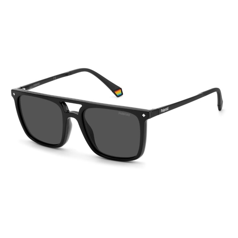 Lunettes optiques carrées noires Polaroid PLD6166CS avec leur clip-on solaire polarisé magnétique détaché au premier plan.