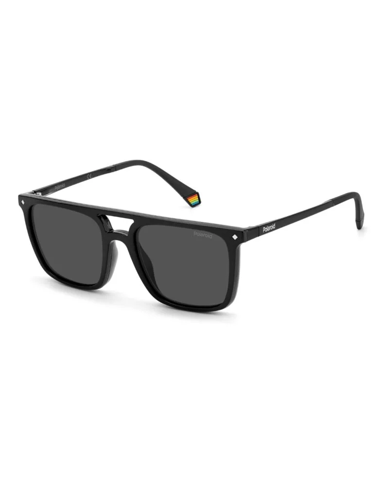 Lunettes optiques carrées noires Polaroid PLD6166CS avec leur clip-on solaire polarisé magnétique détaché au premier plan.