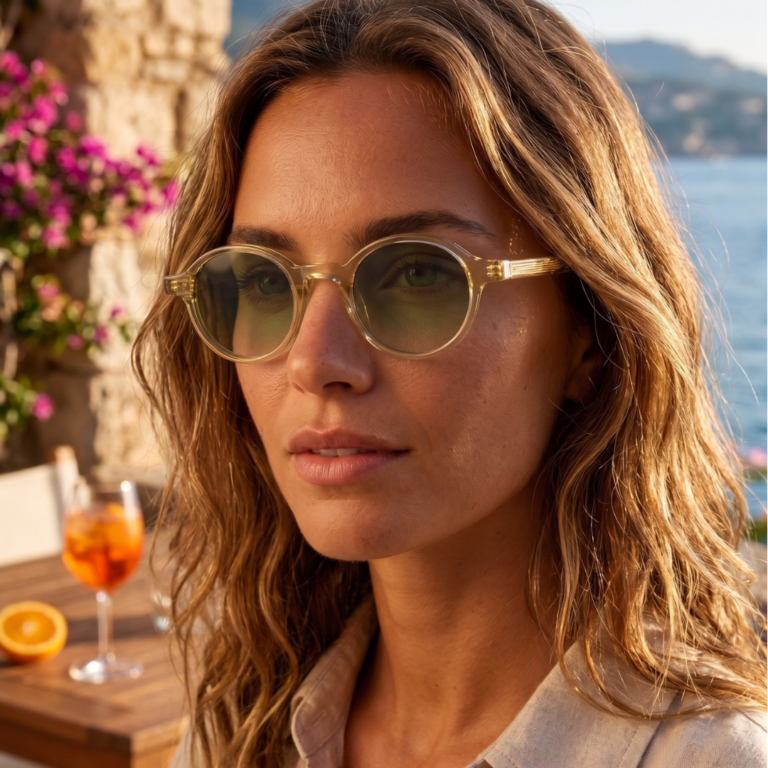 Femme portant les lunettes de soleil rondes écaille de tortue Gigi Studios Greta face à la mer dans un paysage méditerranéen ensoleillé.