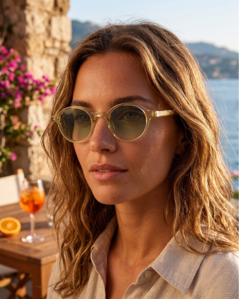 Femme portant les lunettes de soleil rondes écaille de tortue Gigi Studios Greta face à la mer dans un paysage méditerranéen ensoleillé.