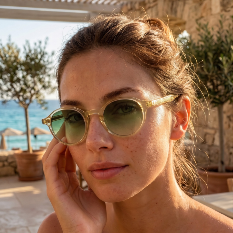 Femme portant les lunettes de soleil rondes écaille de tortue Gigi Studios Greta face à la mer dans un paysage méditerranéen ensoleillé.