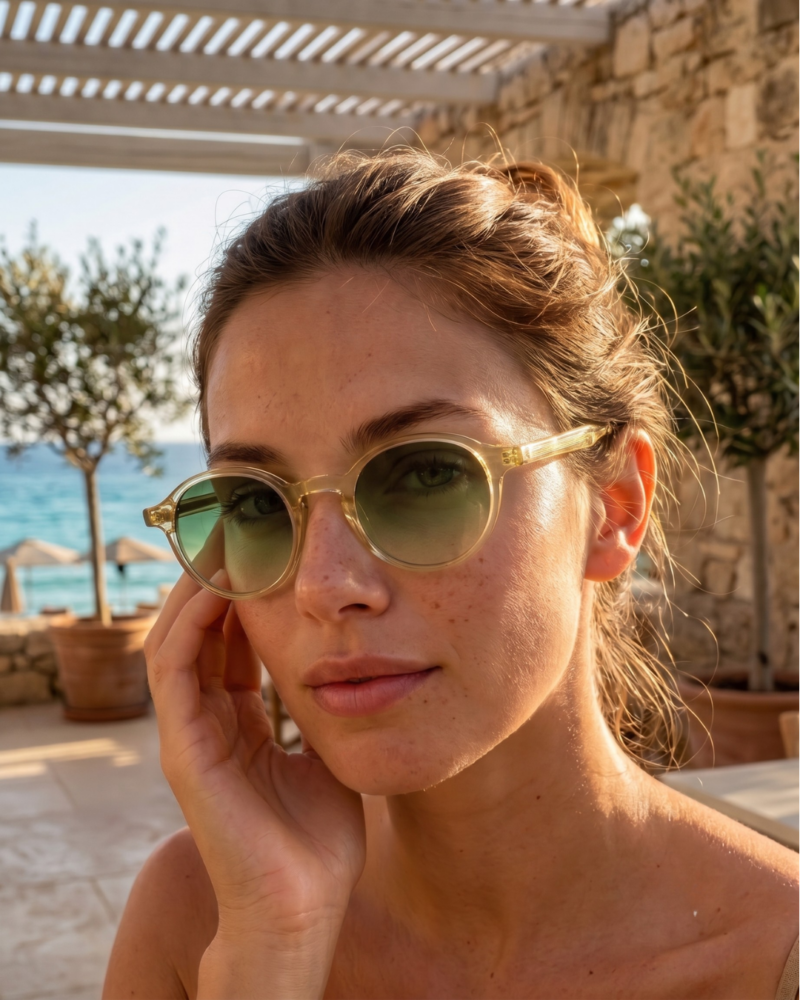Femme portant les lunettes de soleil rondes écaille de tortue Gigi Studios Greta face à la mer dans un paysage méditerranéen ensoleillé.