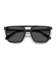 Lunettes optiques carrées noires Polaroid PLD6166CS avec leur clip-on solaire polarisé magnétique détaché au premier plan.