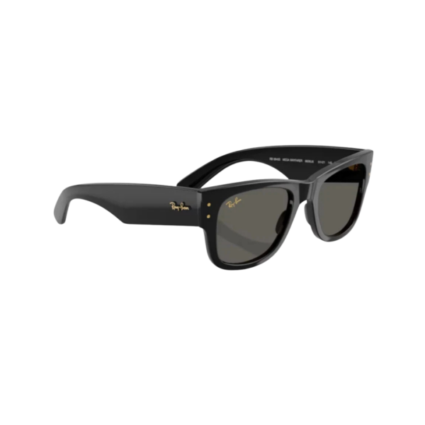 Branche ultra-large noire avec logo Ray-Ban doré tridimensionnel en relief.