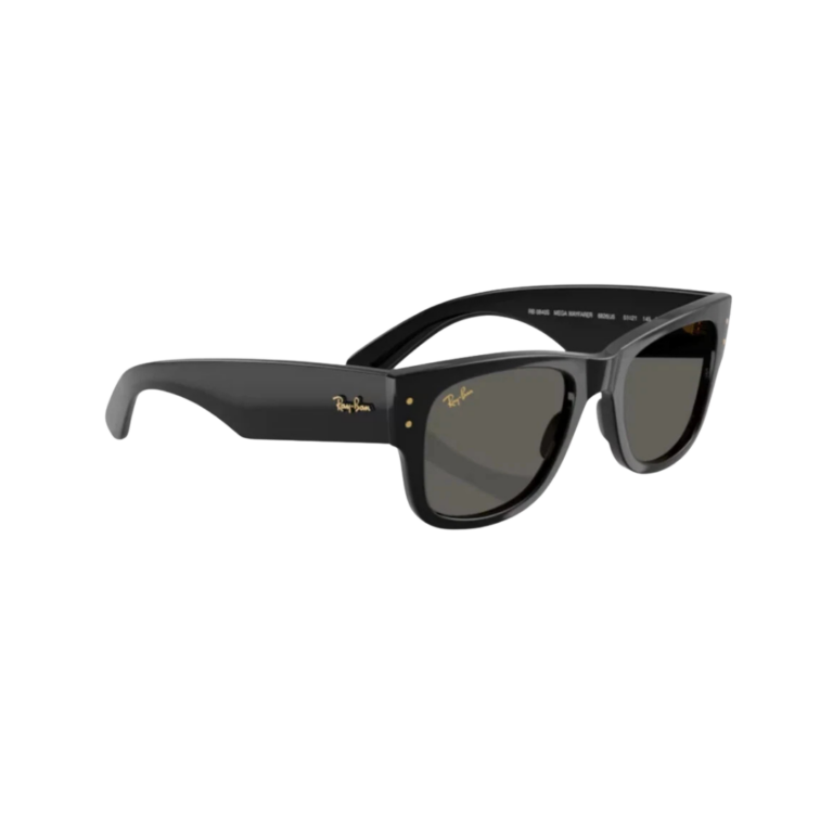 Branche ultra-large noire avec logo Ray-Ban doré tridimensionnel en relief.
