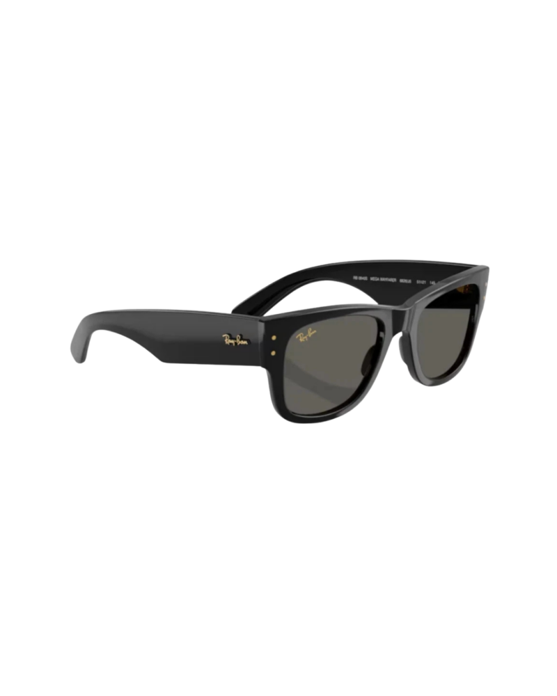 Branche ultra-large noire avec logo Ray-Ban doré tridimensionnel en relief.