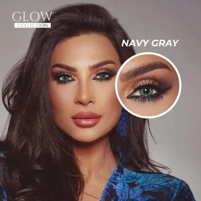Visuel officiel de campagne de la collection Bella Glow Navy Gray avec zoom sur l'œil.