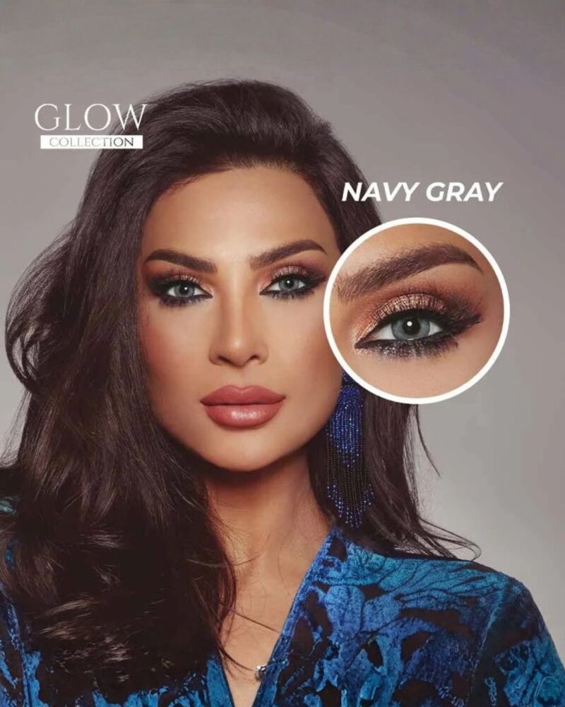 Visuel officiel de campagne de la collection Bella Glow Navy Gray avec zoom sur l'œil.
