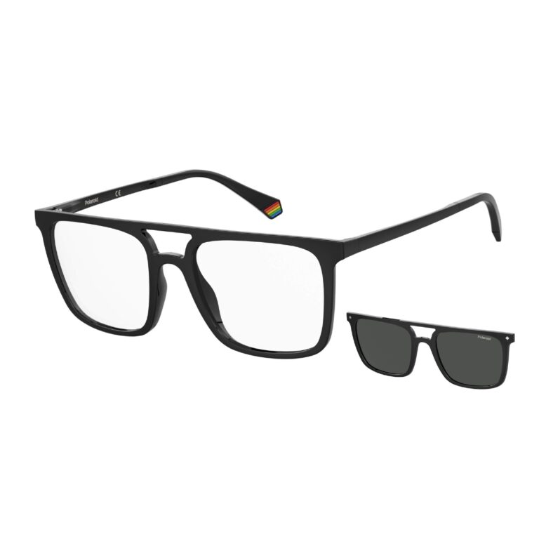 Lunettes optiques carrées noires Polaroid PLD6166CS avec leur clip-on solaire polarisé magnétique détaché au premier plan.