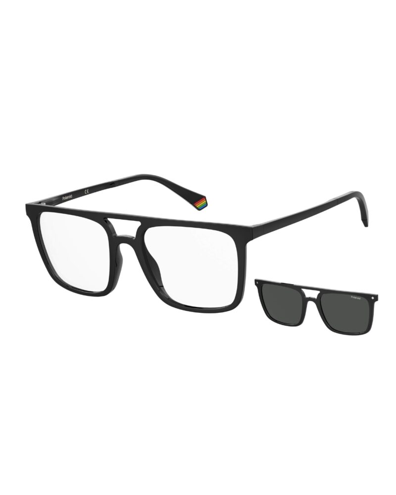 Lunettes optiques carrées noires Polaroid PLD6166CS avec leur clip-on solaire polarisé magnétique détaché au premier plan.