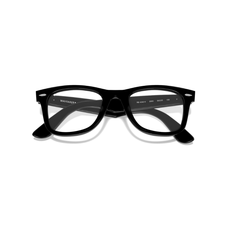 Gros plan sur les marquages d'usine intérieurs de la branche droite de la Ray-Ban Wayfarer Ease indiquant le numéro de modèle RB4340-V.