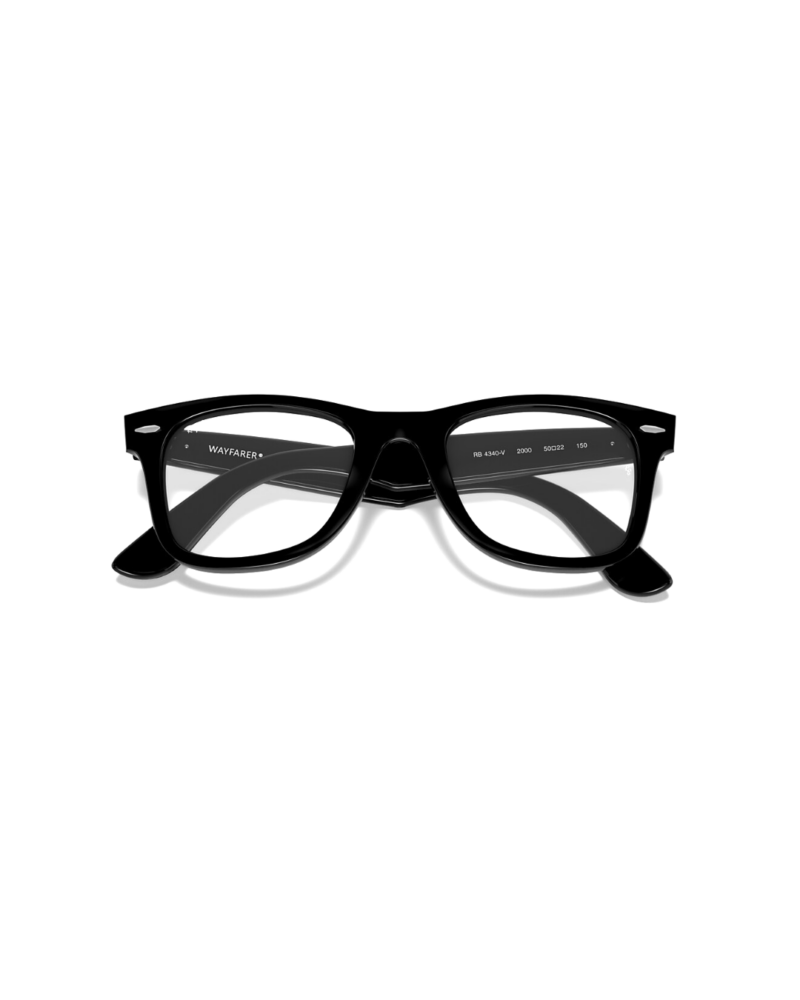 Gros plan sur les marquages d'usine intérieurs de la branche droite de la Ray-Ban Wayfarer Ease indiquant le numéro de modèle RB4340-V.