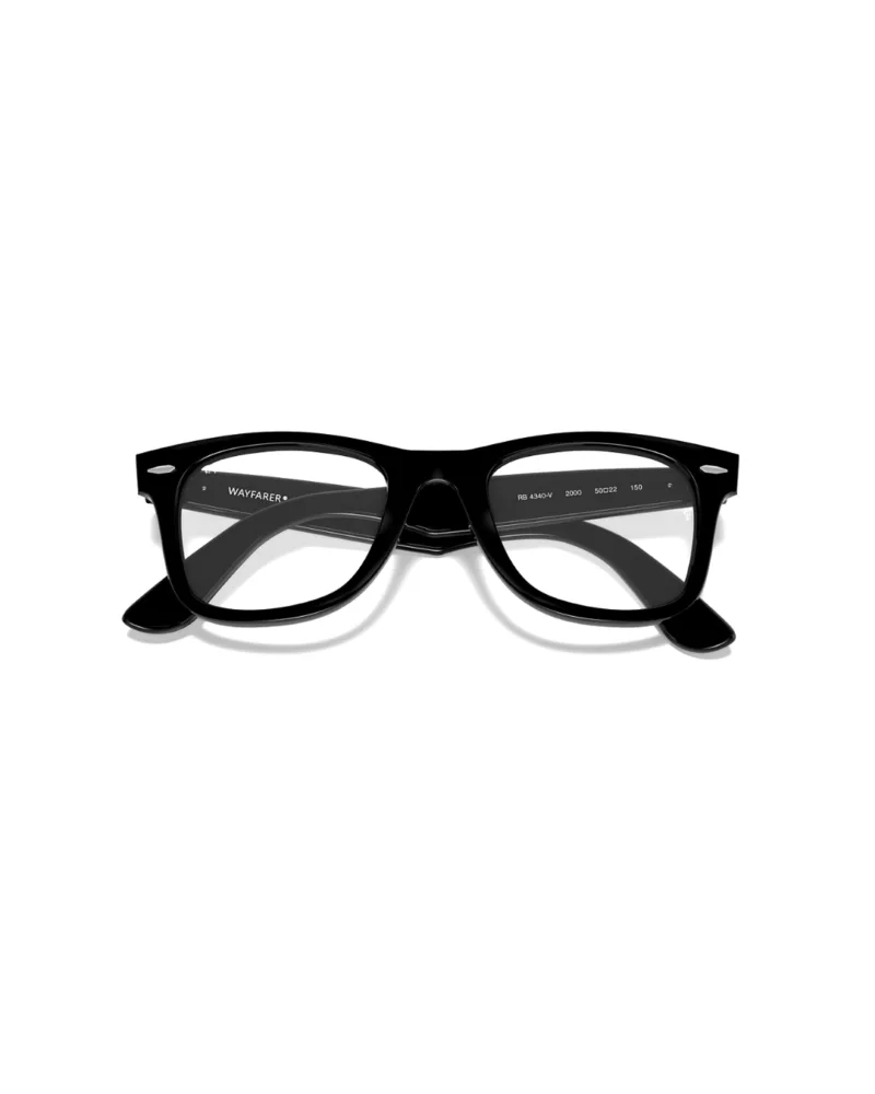 Gros plan sur les marquages d'usine intérieurs de la branche droite de la Ray-Ban Wayfarer Ease indiquant le numéro de modèle RB4340-V.